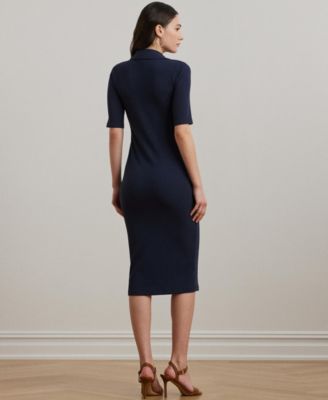 Women's Rib-Knit Elbow-Sleeve Polo Dress