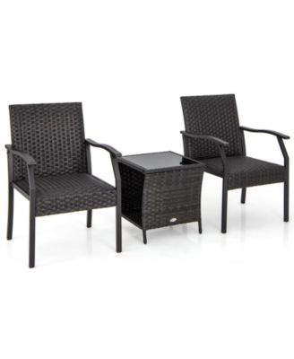 3 Piece Patio Weather Resistant Conversation Set Wicker Chair w/ Quick Dry Foam Tempered Glass Table