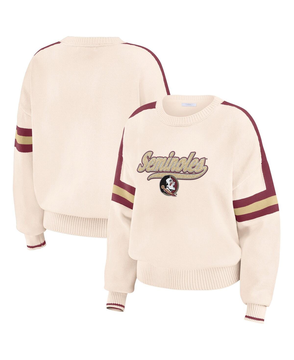 Women's Cream Florida State Seminoles Chenille Woven Patch Stripe Pullover Sweater - Cream