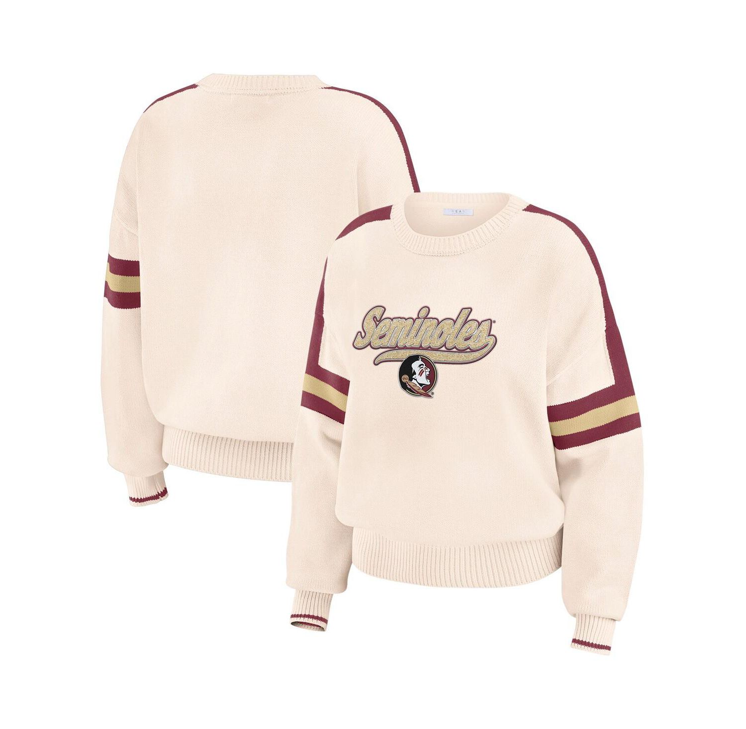 Women's Cream Florida State Seminoles Chenille Woven Patch Stripe Pullover Sweater