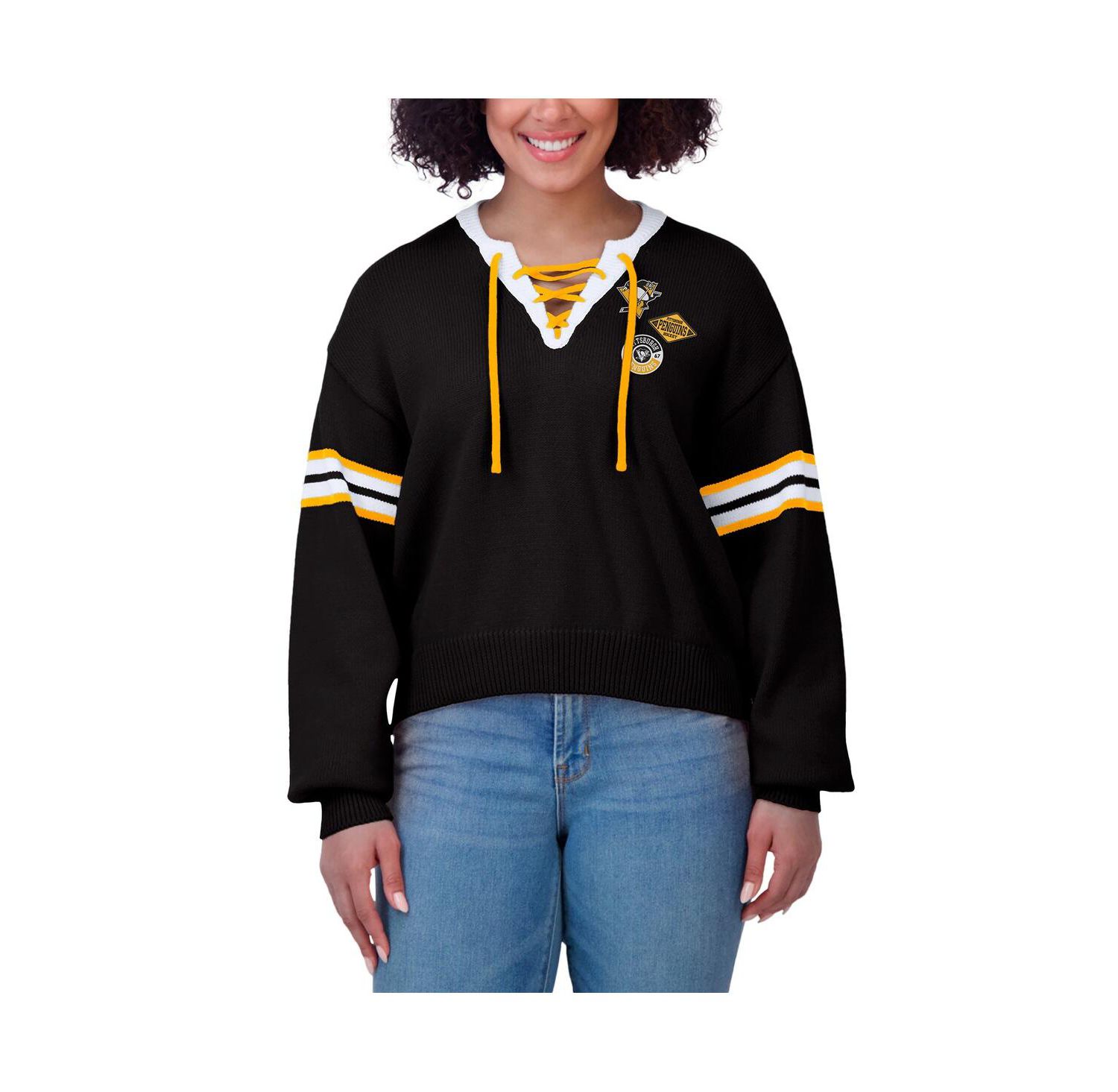 Women's Black Pittsburgh Penguins Cropped Lace-Up Sweater