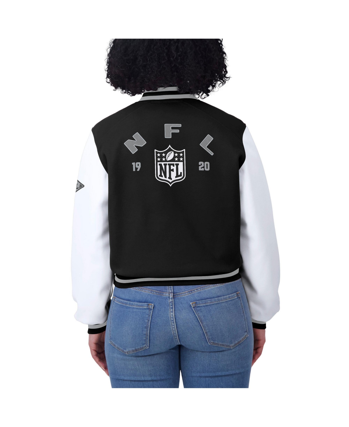 Wear By Erin Andrews Women's Black/white Nfl Varsity Full-zip Jacket In Black,white