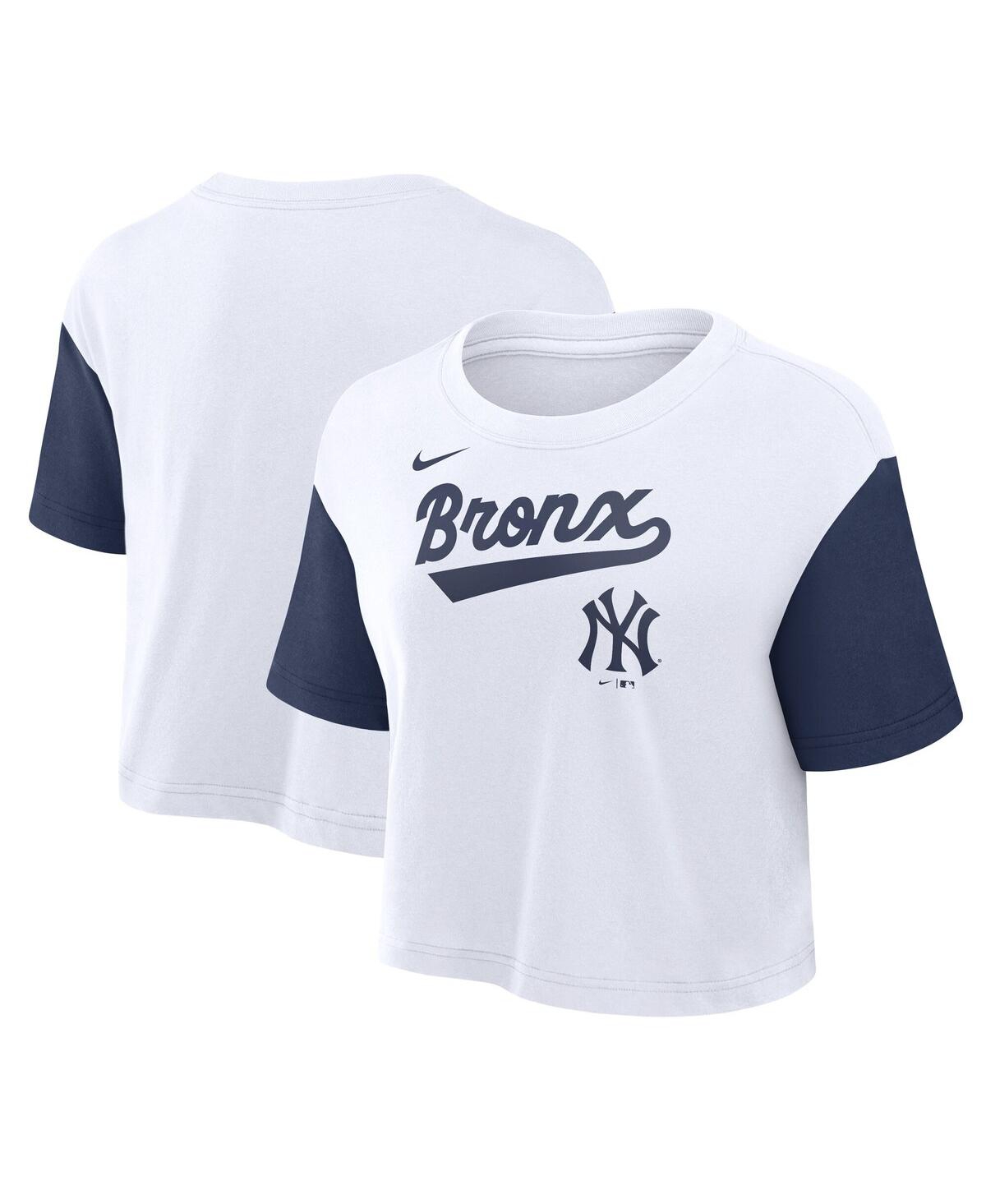 Nike Women's White/navy New York Yankees Script Cropped Performance T-shirt In White,navy