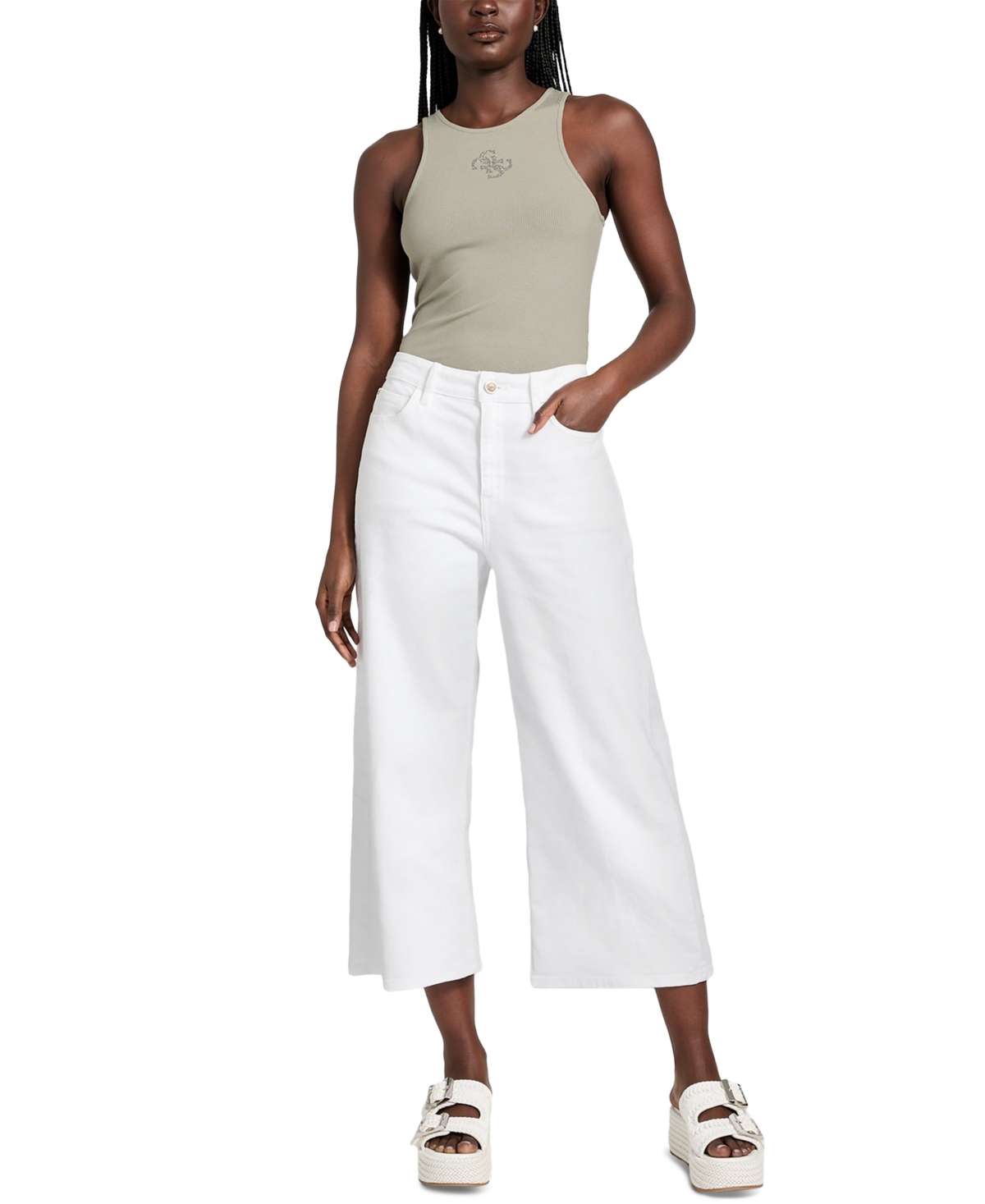 Shop Guess Women's Bellflower Cropped Wide-leg Jeans In Pure White