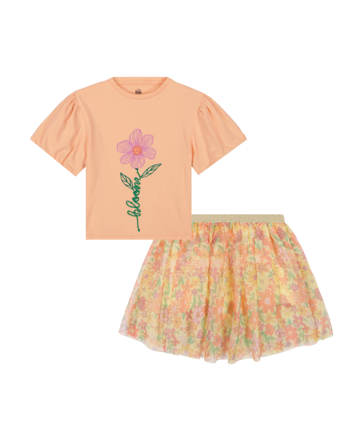 KIDS HEADQUARTERS TODDLER AND LITTLE GIRLS 2-PIECE PUFF SLEEVE JERSEY TOP FLORAL PRINT AND TULLE SKORT SET 