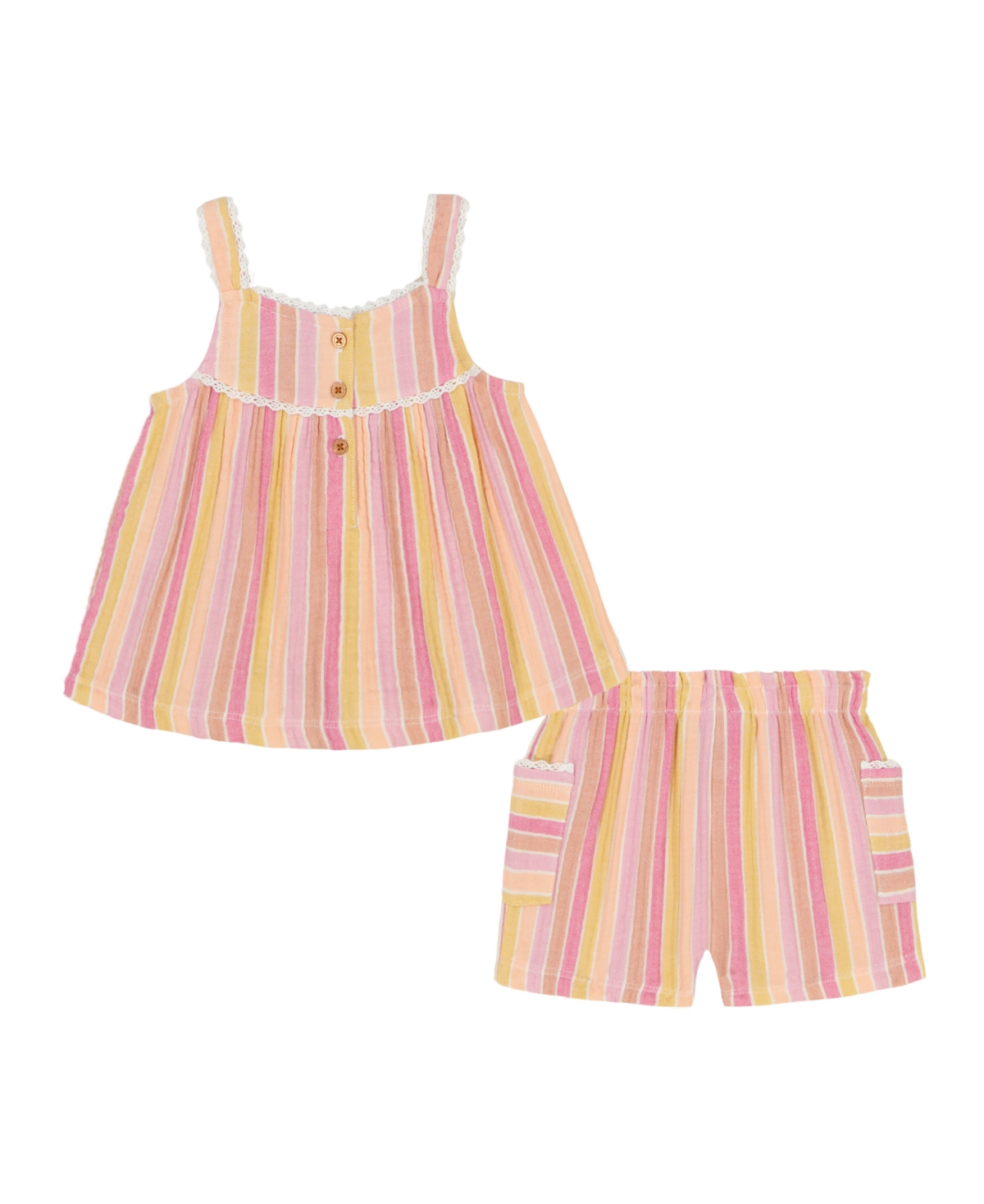 KIDS HEADQUARTERS TODDLER AND LITTLE GIRLS 2-PIECE MULTI STRIPE TOP AND CRINKLE KNIT SHORTS SET 
