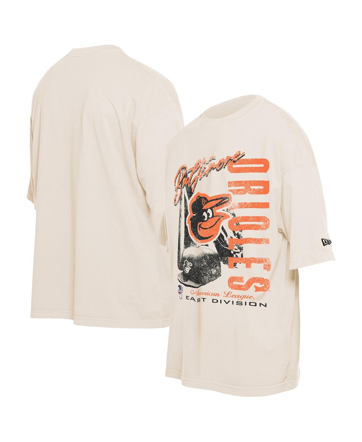 NEW ERA MEN'S CREAM BALTIMORE ORIOLES COOPERSTOWN COLLECTION OVERSIZED THROWBACK DISTRESSED T-SHIRT 