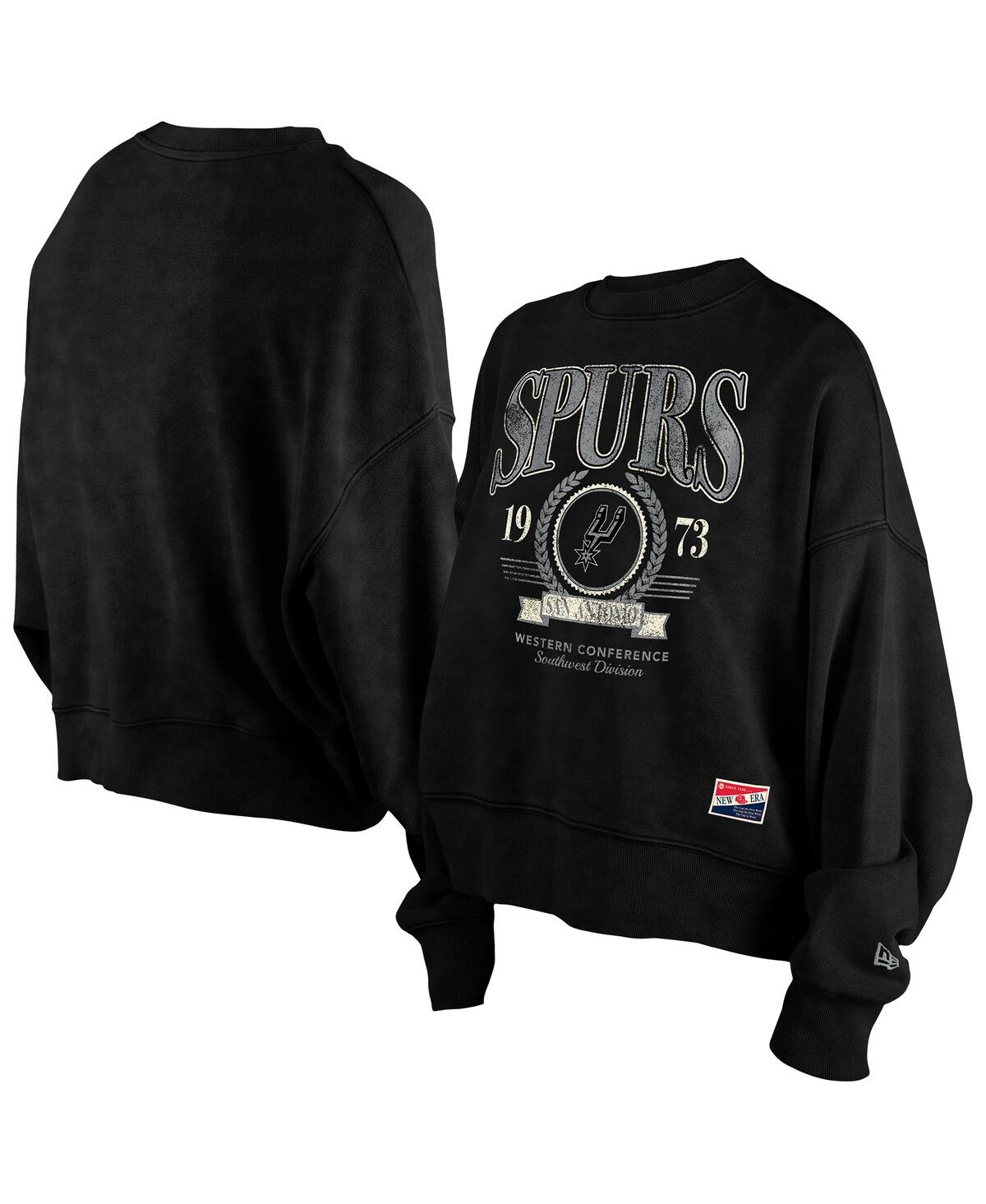 New Era Women's Black San Antonio Spurs Hardwood Classics Enzyme Wash Oversized Boxy Pullover Sweatshirt In Black