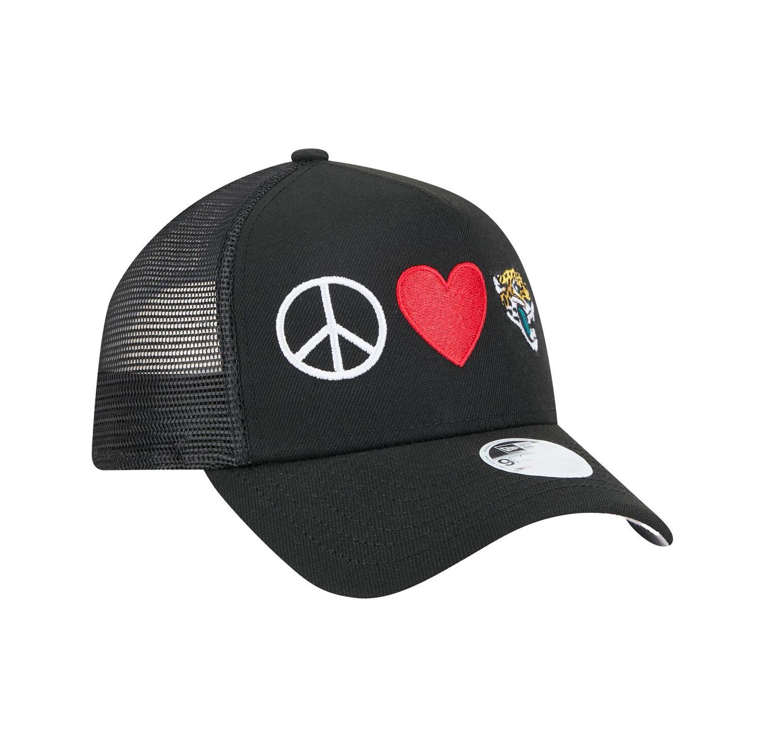Women's Black Jacksonville Jaguars Peace Love Trucker 9FORTY Adjustable Hat