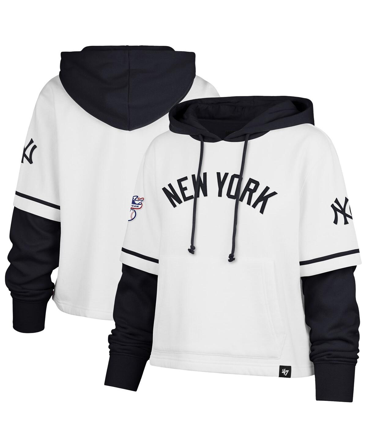 47 BRAND WOMEN'S WHITE NEW YORK YANKEES TRIFECTA SHORTSTOP CROPPED PULLOVER HOODIE 