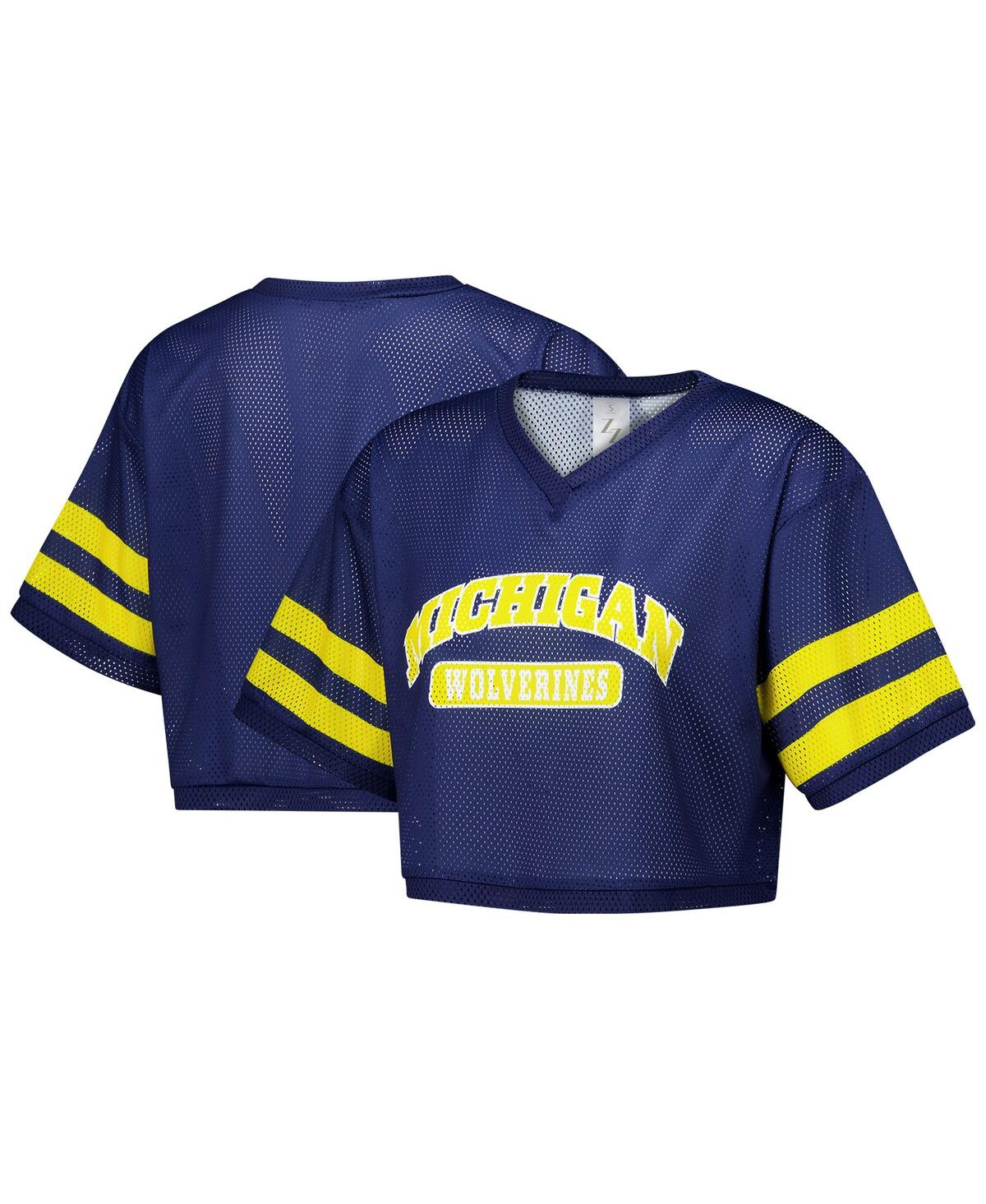 Zoozatz Women's Navy Michigan Wolverines Mesh Cropped V-neck T-shirt In Navy