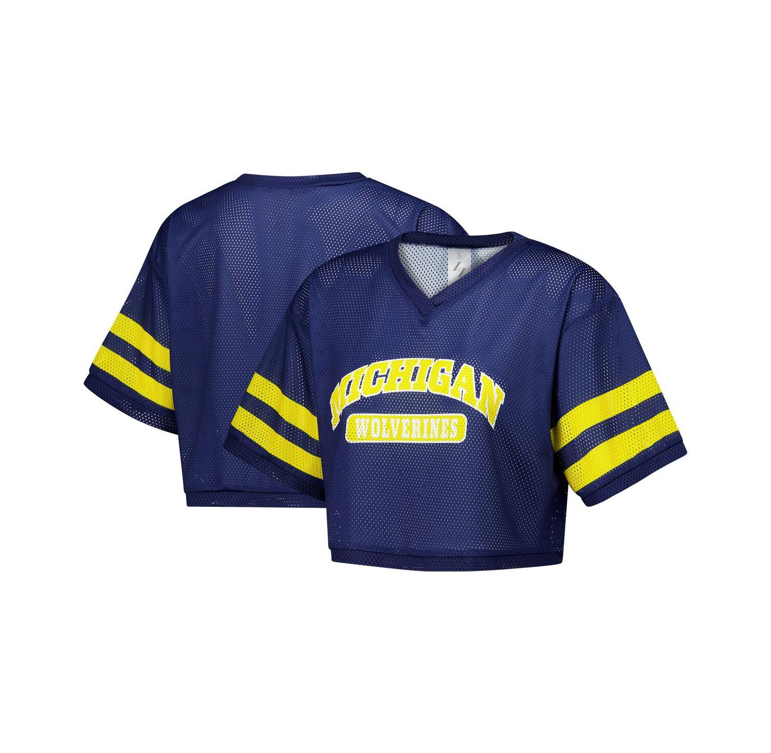 Women's Navy Michigan Wolverines Mesh Cropped V-Neck T-Shirt