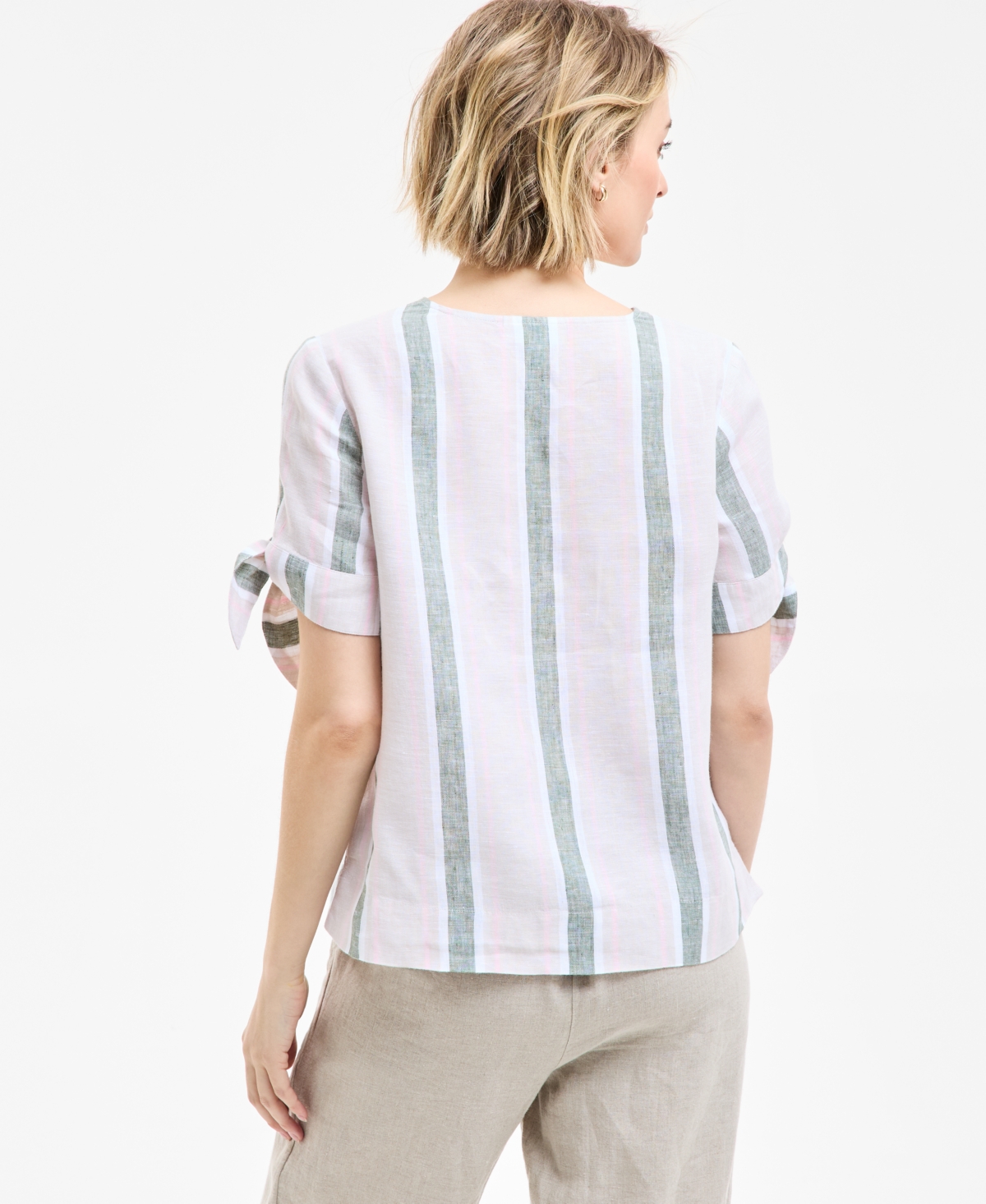 CHARTER CLUB WOMEN'S 100% LINEN STRIPED TIE-CUFF TOP, EXCLUSIVELY AT MACY'S 