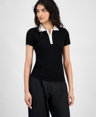 Women's Short-Sleeve Rib-Knit Polo Shirt, Exclusively at Macy's
