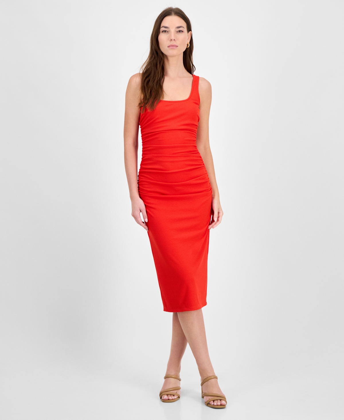 Women's Ribbed-Knit Square-Neck Ruched Dress, Exclusively at Macy's - Bisou Red