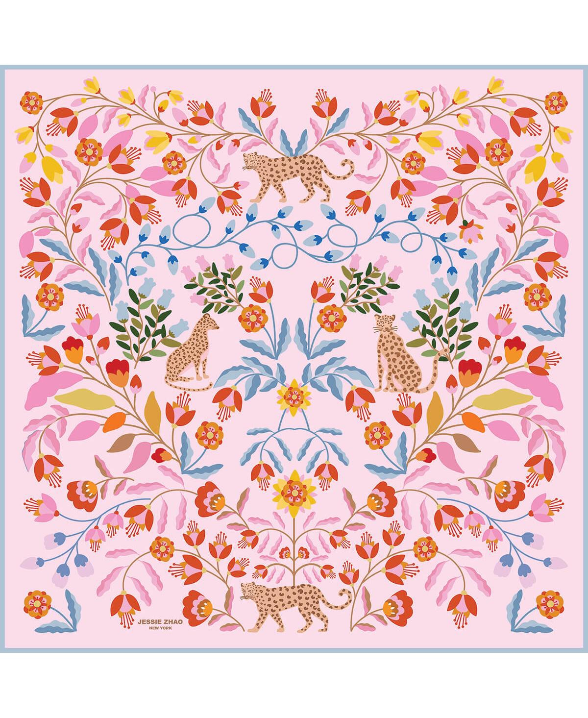 Double Sided Wool Silk Scarf Of Pink Blossom Jungle - Pink / blue