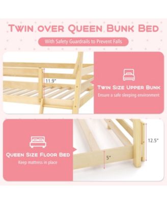 Twin Over Queen Bunk Bed Wooden Kids Bed with Climbing Nets and Ramp