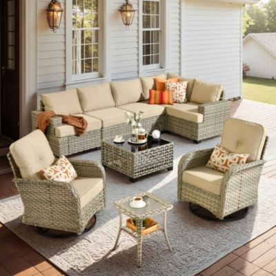 9 Pieces Outdoor Patio Furniture Set,Rattan Sectional Sofa Couch,Outside Coversation Set with Extra Deep Swivel Chairs and Solar Coffee Table for Porch Balcony Backyard Deck Poolside
