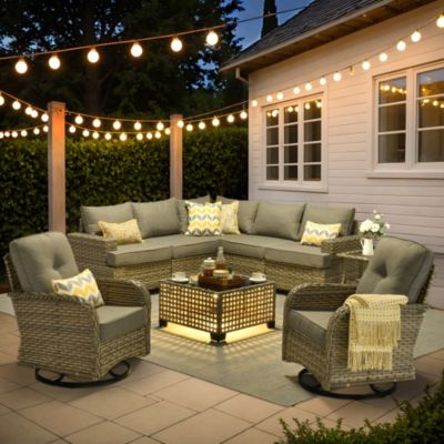 9 Pieces Outdoor Patio Furniture Set,Rattan Sectional Sofa Couch,Outside Coversation Set with Extra Deep Swivel Chairs and Solar Coffee Table for Porch Balcony Backyard Deck Poolside