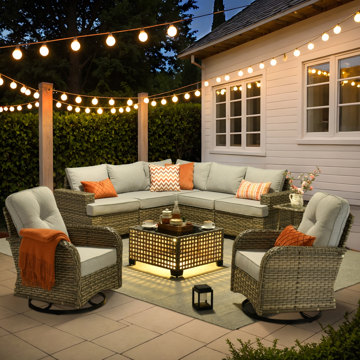 Xizzi 9 Pieces Outdoor Patio Furniture Set,Rattan Sectional Sofa Couch,Outside Coversation Set with Extra Deep Swivel Chairs and Solar Coffee Table fo