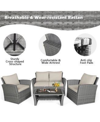 4 Piece Outdoor Furniture Set Patio Rattan Conversation Set w/ Cushions