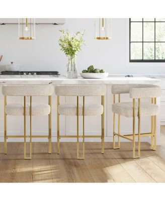 Set of 3 Counter Stools – Chenille Upholstered with Metal Legs