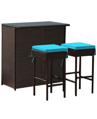 3PCS Patio Rattan Wicker Bar Table Stools Dining Set Cushioned Chairs