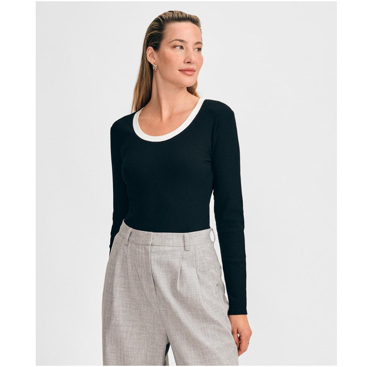 Women's Scoop Neck Rib Top - Black white