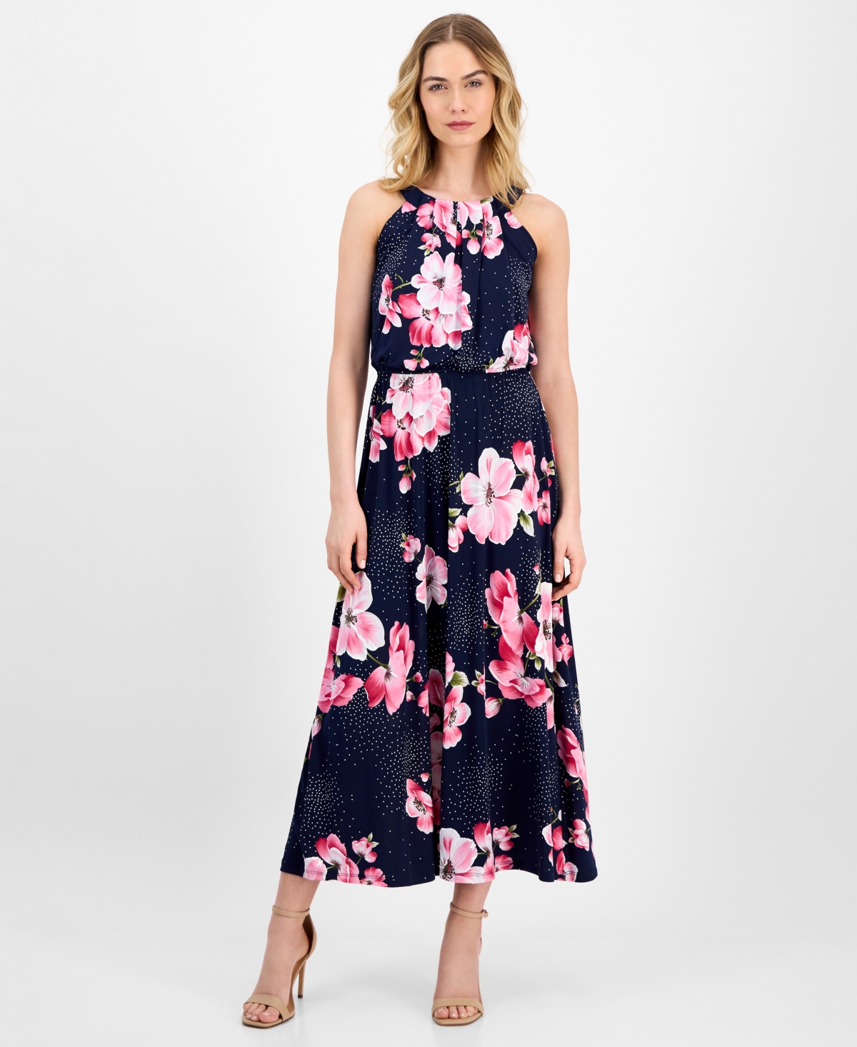 Petite Floral-Print Pleat-Neck Jersey Dress - Navy Multi