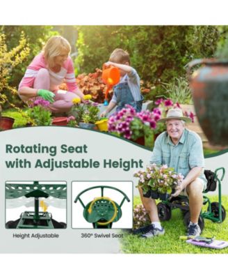 Cushioned Rolling Garden Cart Scooter with Storage Basket and Tool Pouch