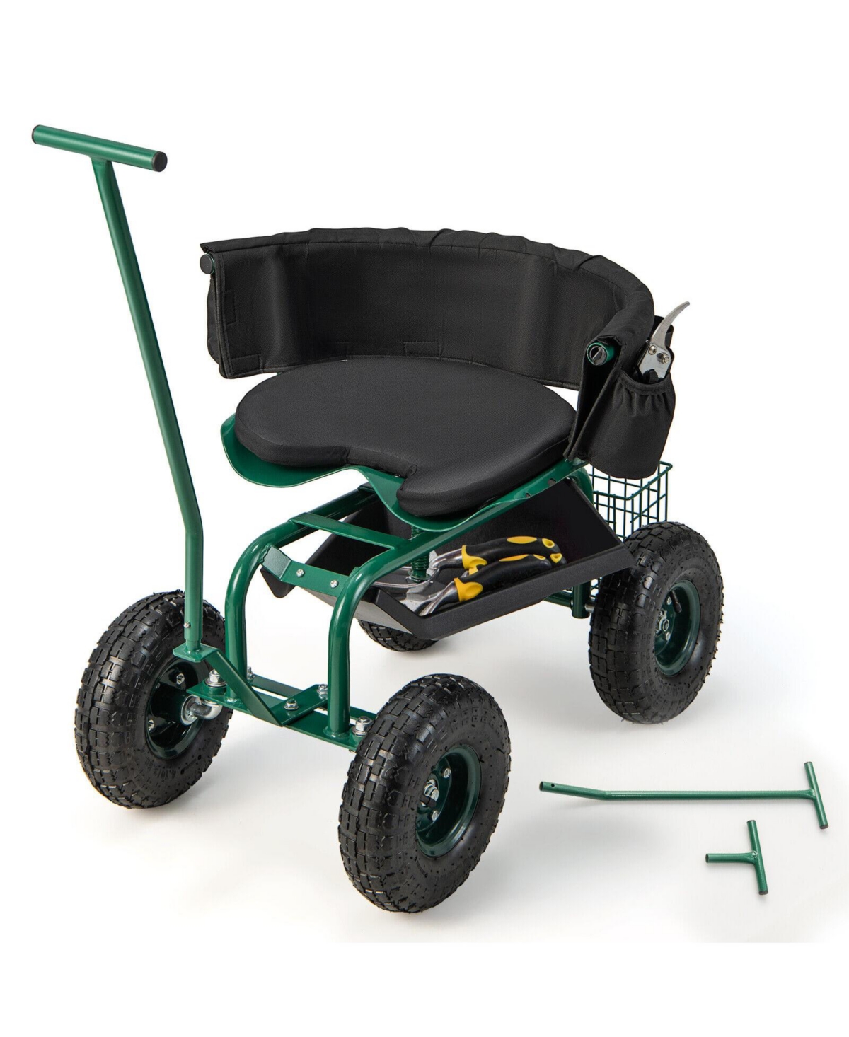 Rolling Garden Cart with Height Adjustable Swivel Seat and Storage Basket - Green