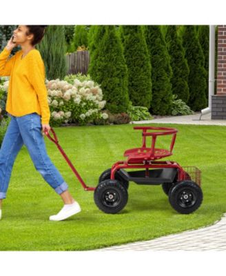 Cushioned Rolling Garden Cart Scooter with Storage Basket and Tool Pouch