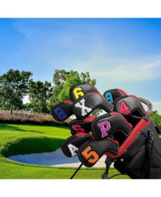 Golf Head Covers for Iron Headcover with Zipper Black Leather 10pcs Set Colorful Number Embroideried PU Leather Waterproof Fit All Brands