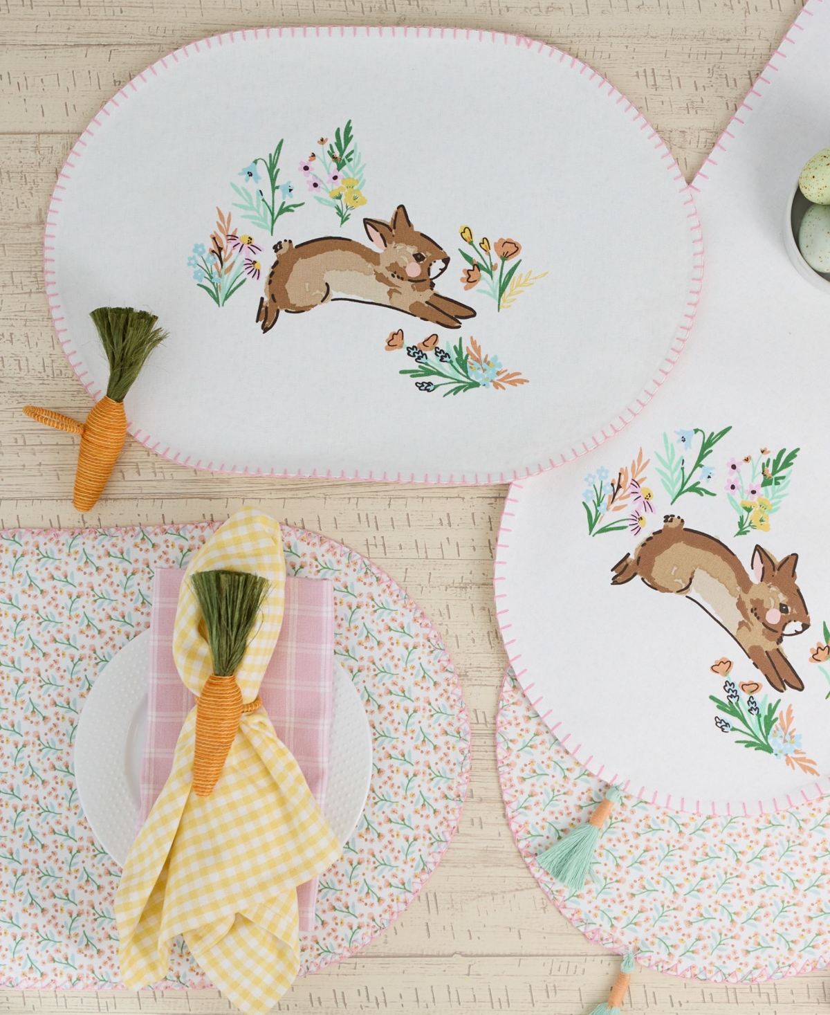 Design Imports Spring Bunny Embellished Cotton Table Runner And Placemats Set In Off White