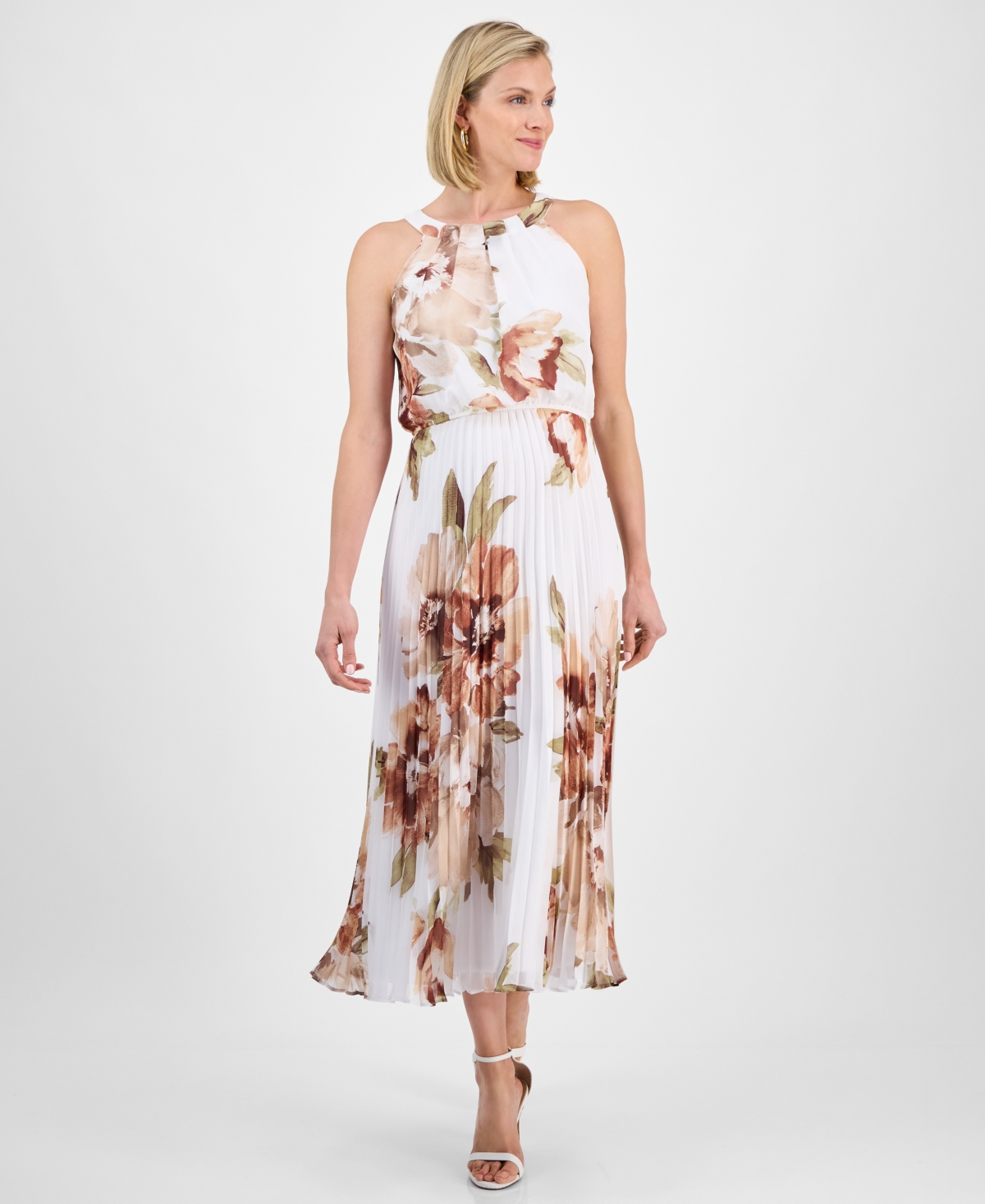 Robbie Bee Petite Floral-print Elastic-waist Pleated Halter Midi Dress In Ivory Brown