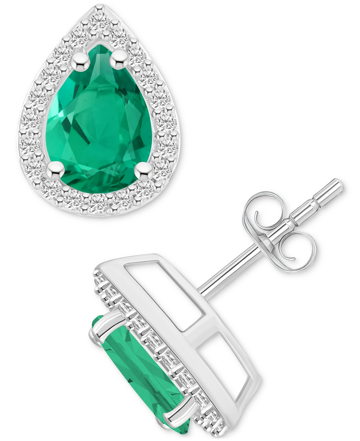 Macy's Lab-created Emerald (1-1/3 Ct. T.w.) & Lab-created White Sapphire Pear Halo Stud Earrings In 10k Gol In Emerald,white Gold
