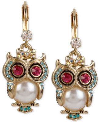 Gold-Tone Ornate Owl Drop Earrings