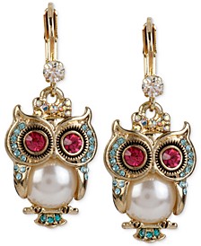 Gold-Tone Ornate Owl Drop Earrings