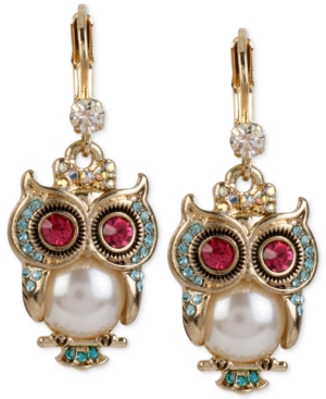 image of Betsey Johnson Gold-Tone Ornate Owl Drop Earrings