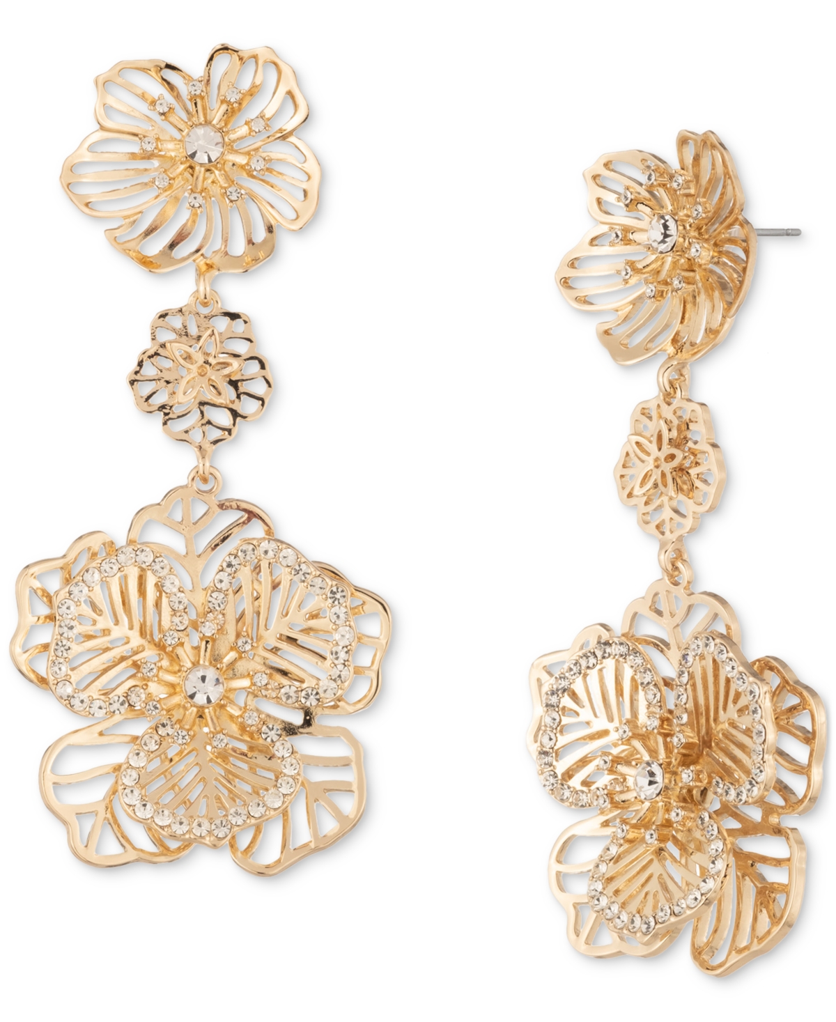 Gold-Tone Crystal Openwork Flower Triple Drop Earrings - Crystal White