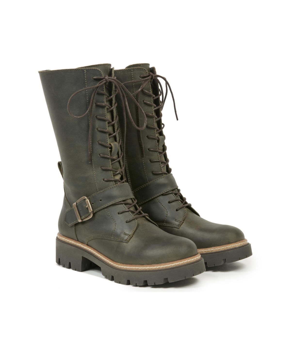 Strap Detail Mid Calf Leather Boots - Olive