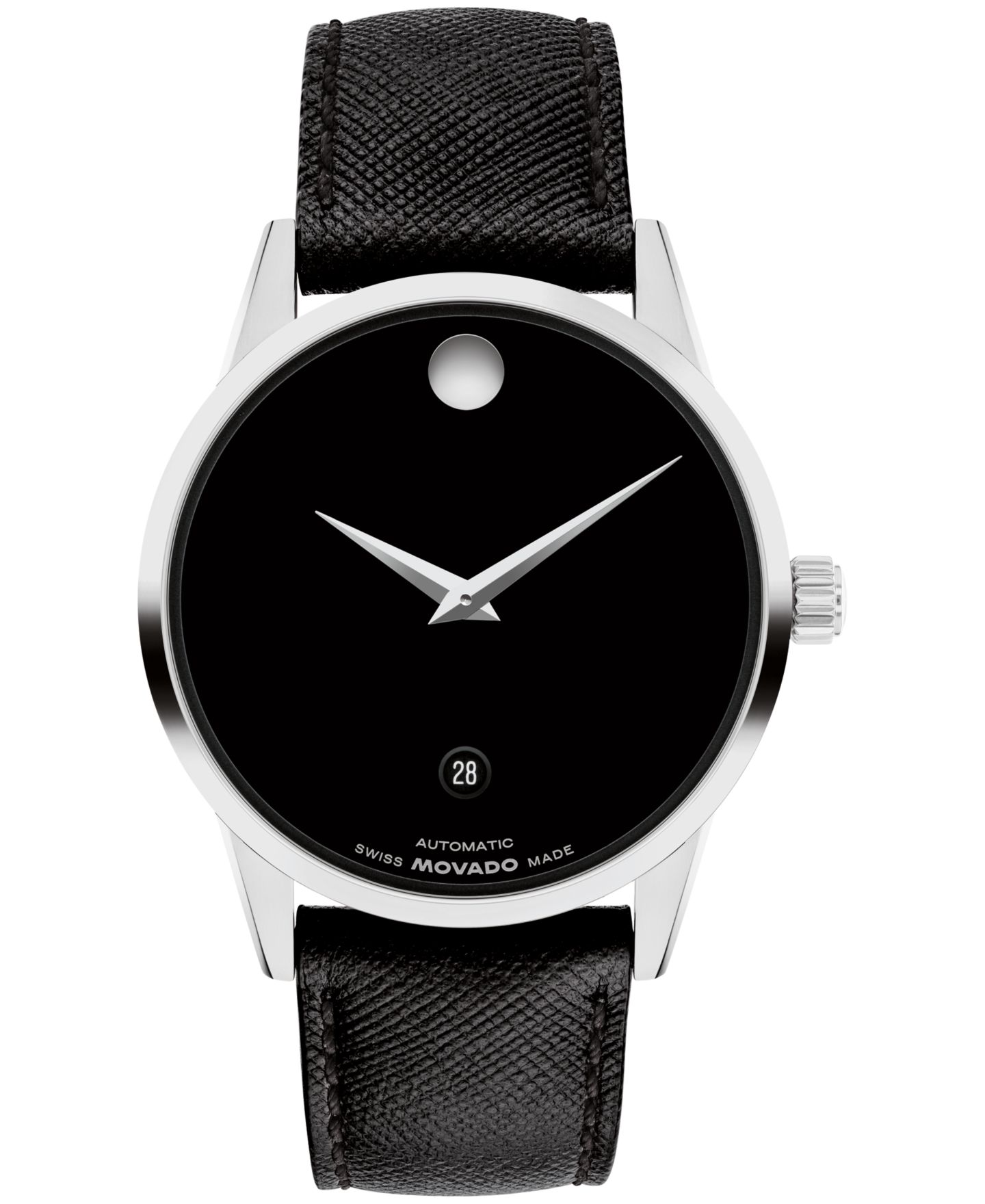 Мужские часы Movado Museum Classic Swiss Automatic Black Leather Watch, 40mm — фото 1