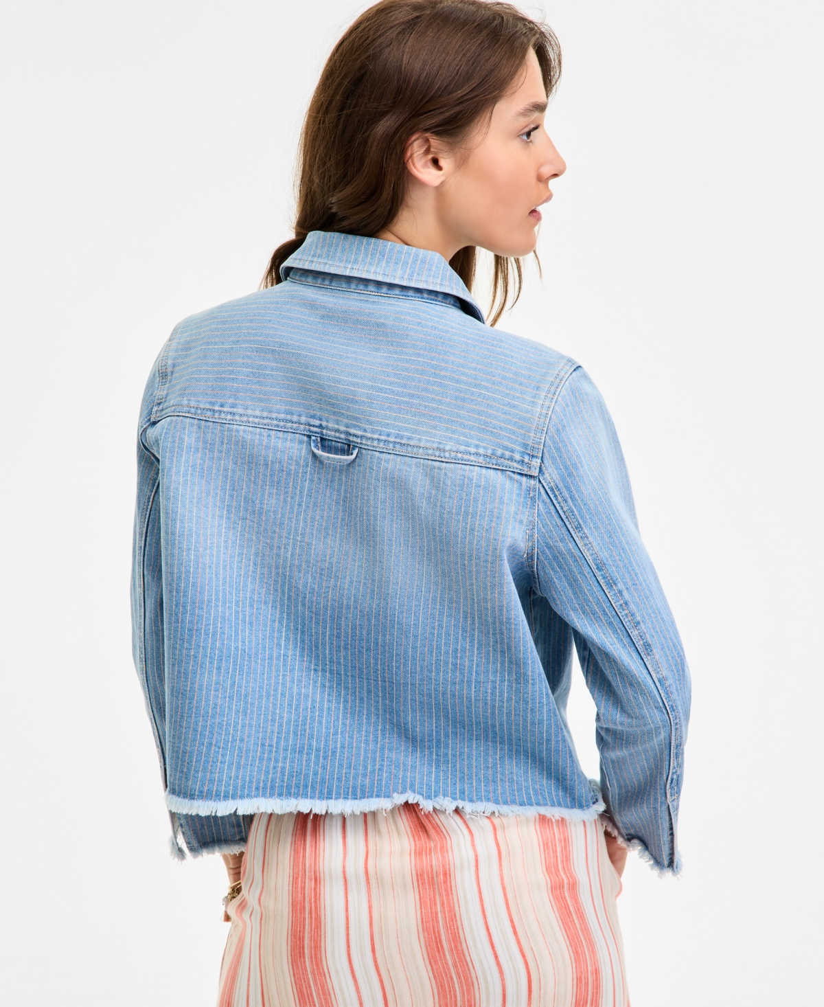 Liverpool Los Angeles Women's Striped Denim Cropped Shacket In Blue