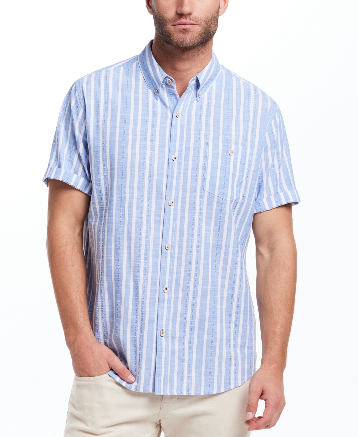 Weatherproof Vintage Men's Regular-fit Textured Stripe Button-down Shirt In Vista Blue