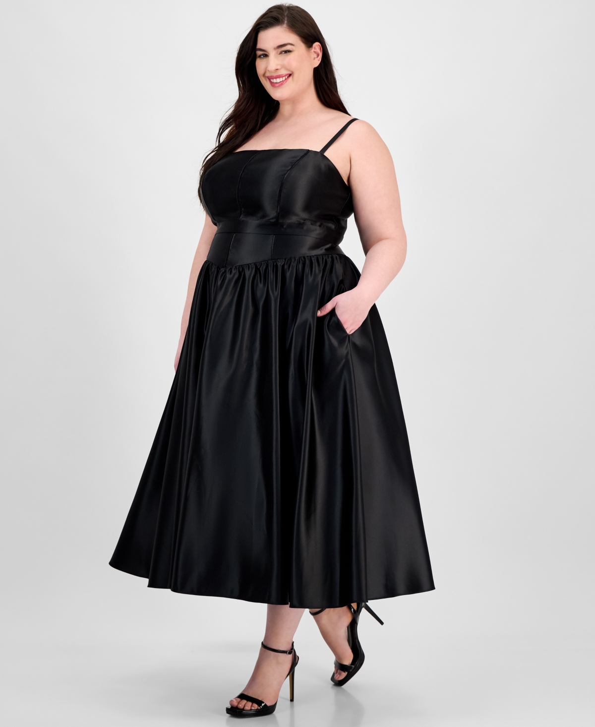 B Darlin Plus Size Satin Square-neck Midi Dress In Gold