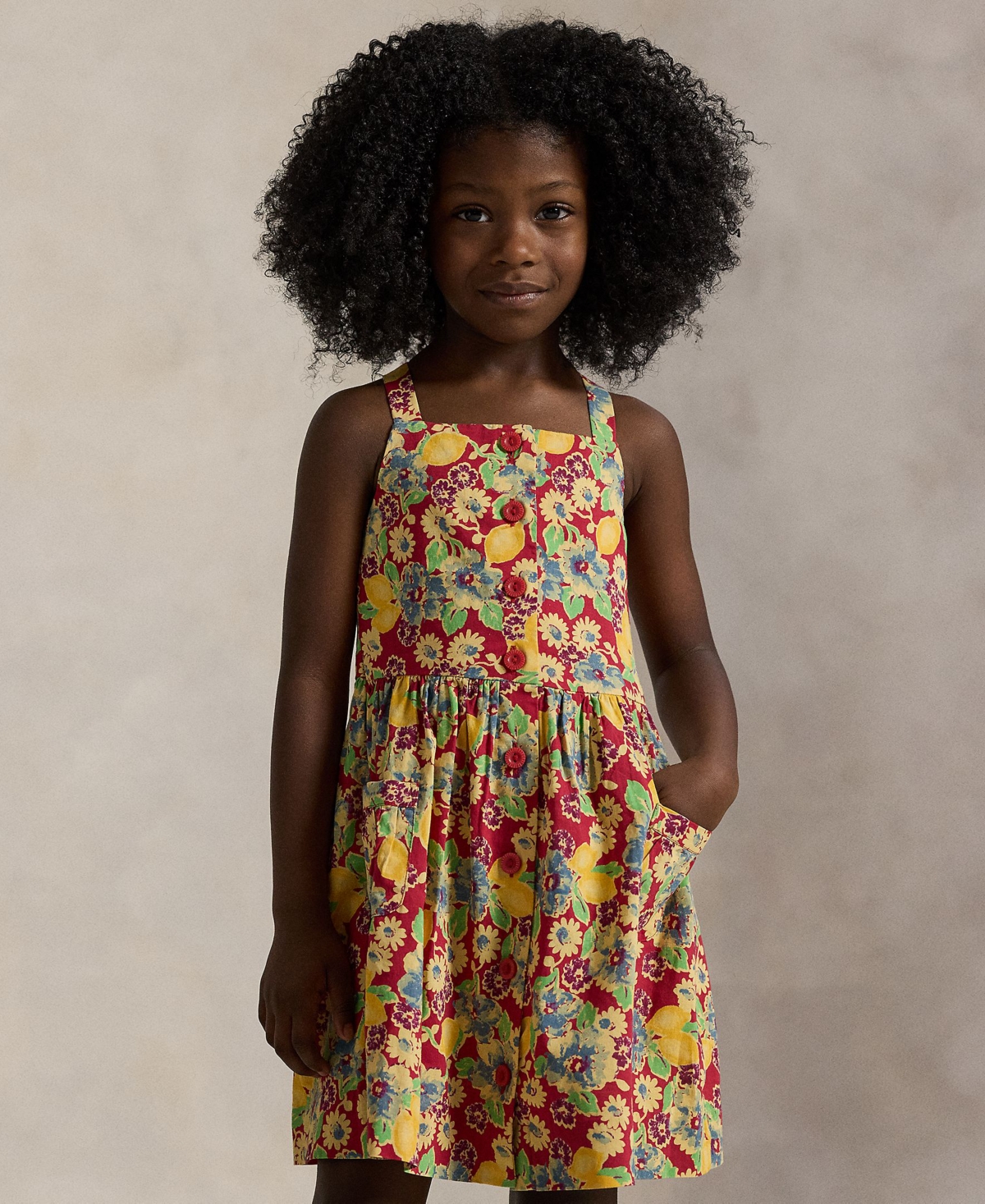 Polo Ralph Lauren Toddler And Little Girls Lemon-floral Slub Dress In Red