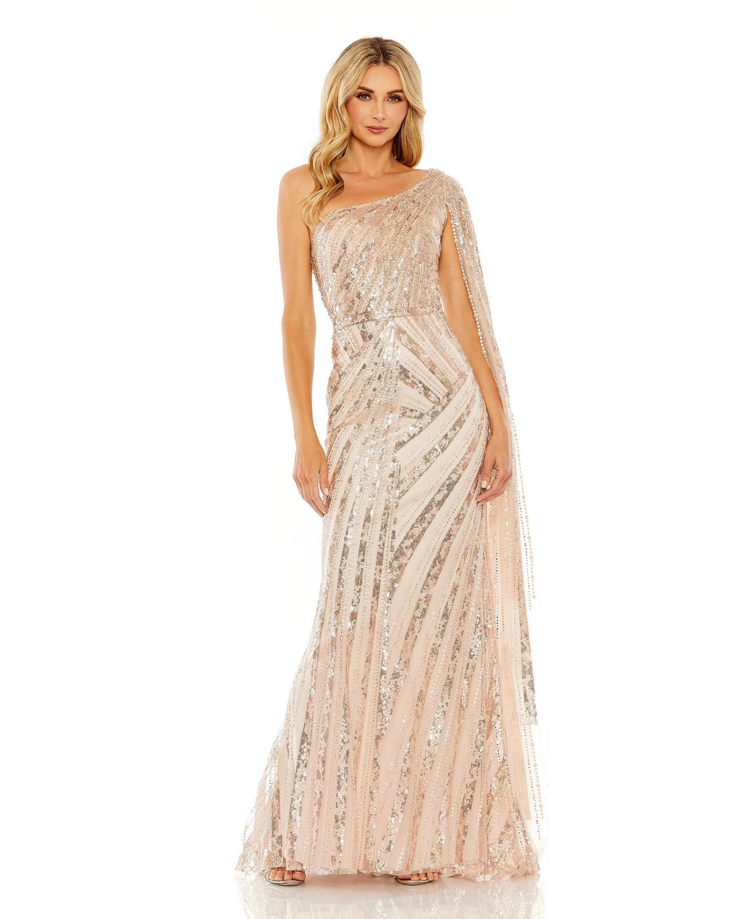 Women's One Shoulder Cape Sleeve Embellished Gown