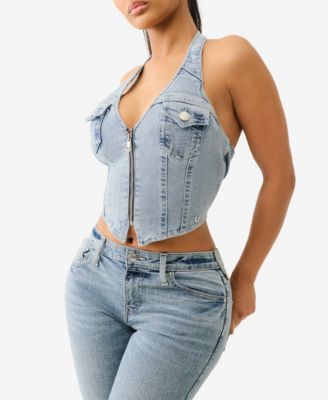 Women's Zip Front Halter Denim Top