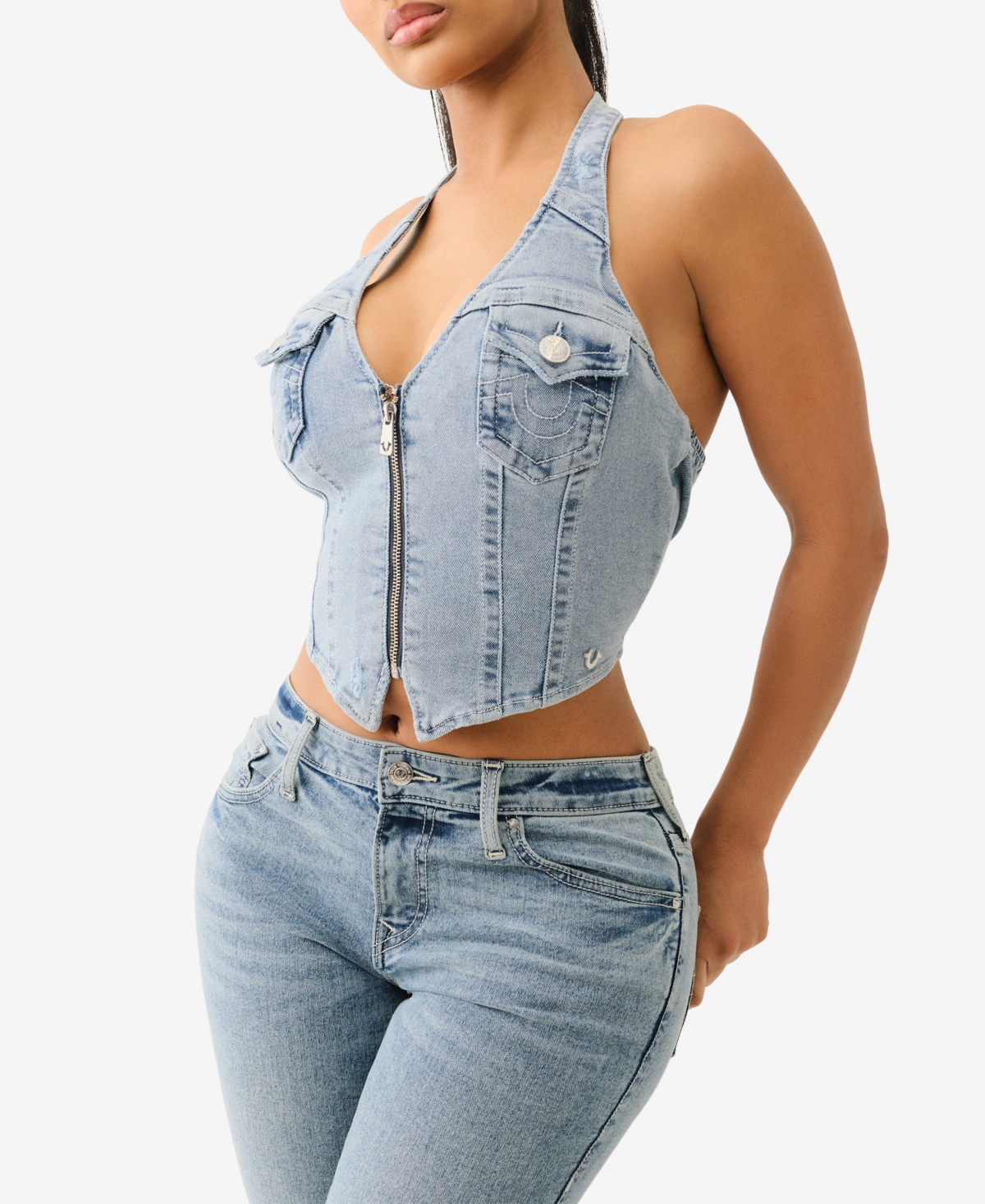 Shop True Religion Women's Zip Front Halter Denim Top In Aqua Marine