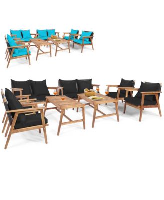 8 Piece Wood Frame Furniture Set Patio Conversation Set w/ Cushions